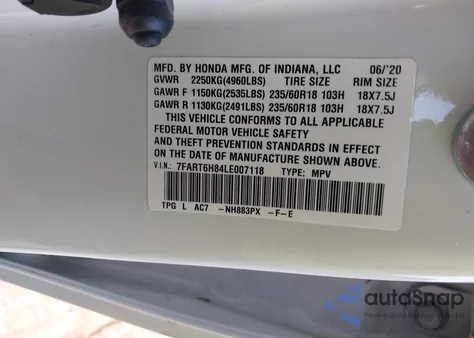 2020 Honda Cr-V Hybrid Ex-L z USA, uszkodzony, nr VIN 7FART6H84LE007118